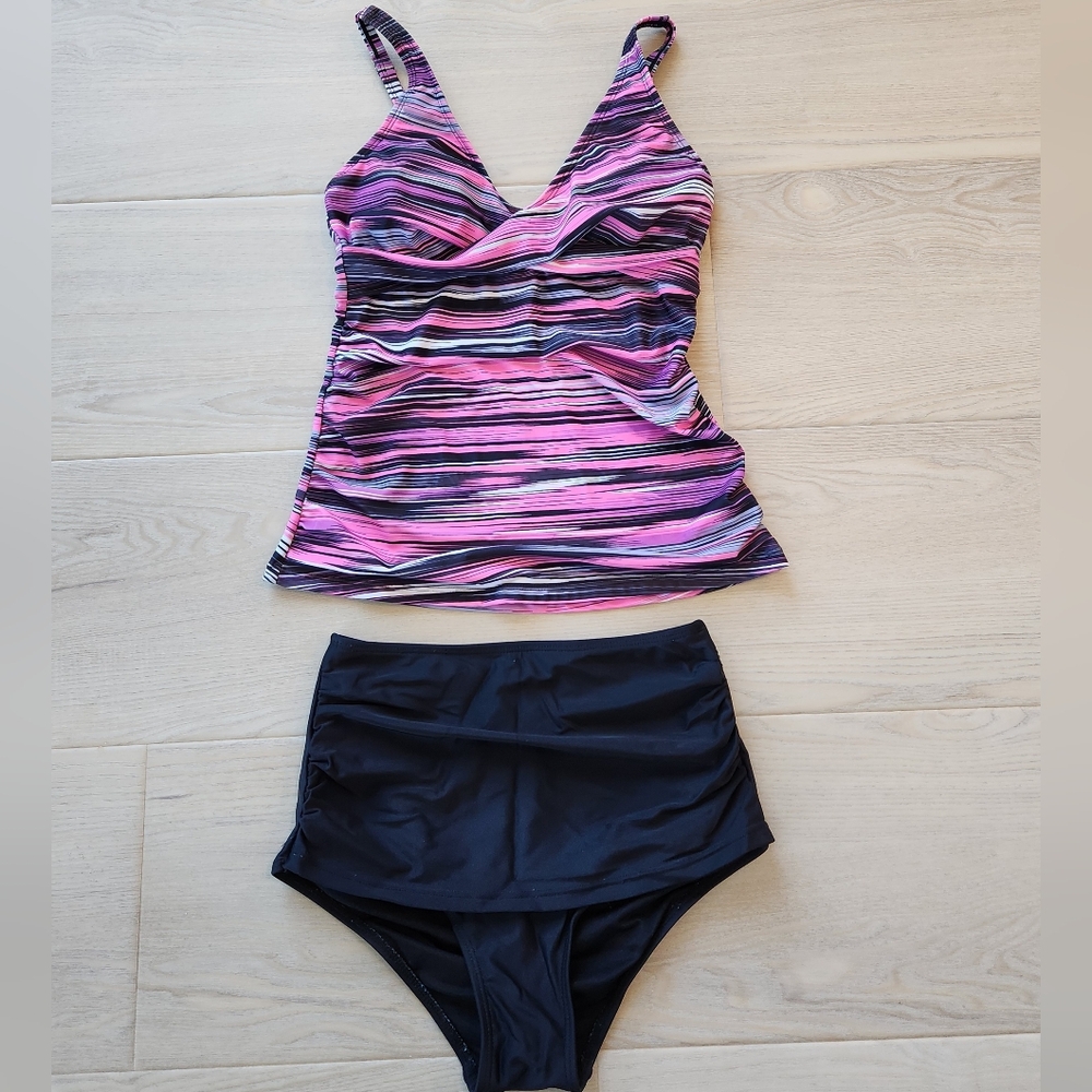 Pink and Black Striped Tankini set